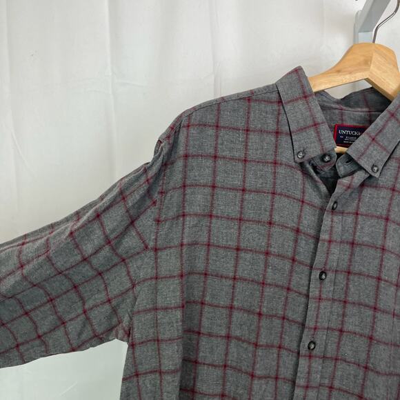UNTUCKIT Size XL Windowpane Check Button Down Long Sleeve Shirt Cotton Gray Red - Picture 5 of 7